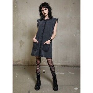 Courtshop UO Black Goth Edgy Grunge sleeveless Jean Shift Dress Sz S Fringe Fray